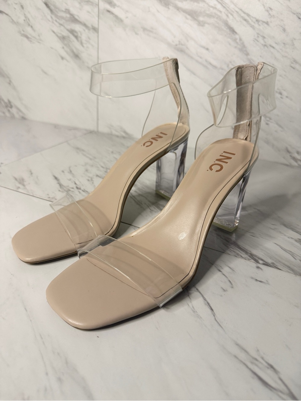 INC Makennap Clear Vinyl Lucite Block Heel Sandals Nude Size 8M